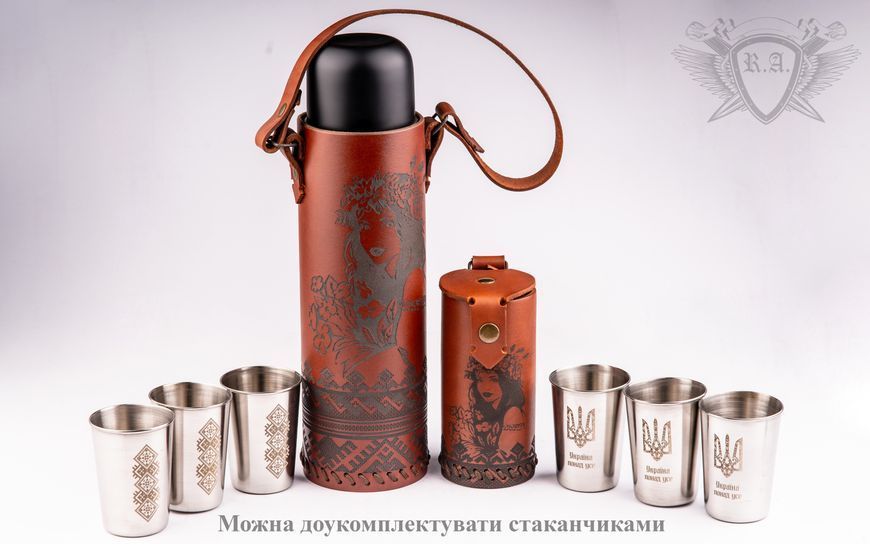 Термос "Україночка" у шкірі, гравіювання ПН0014 фото